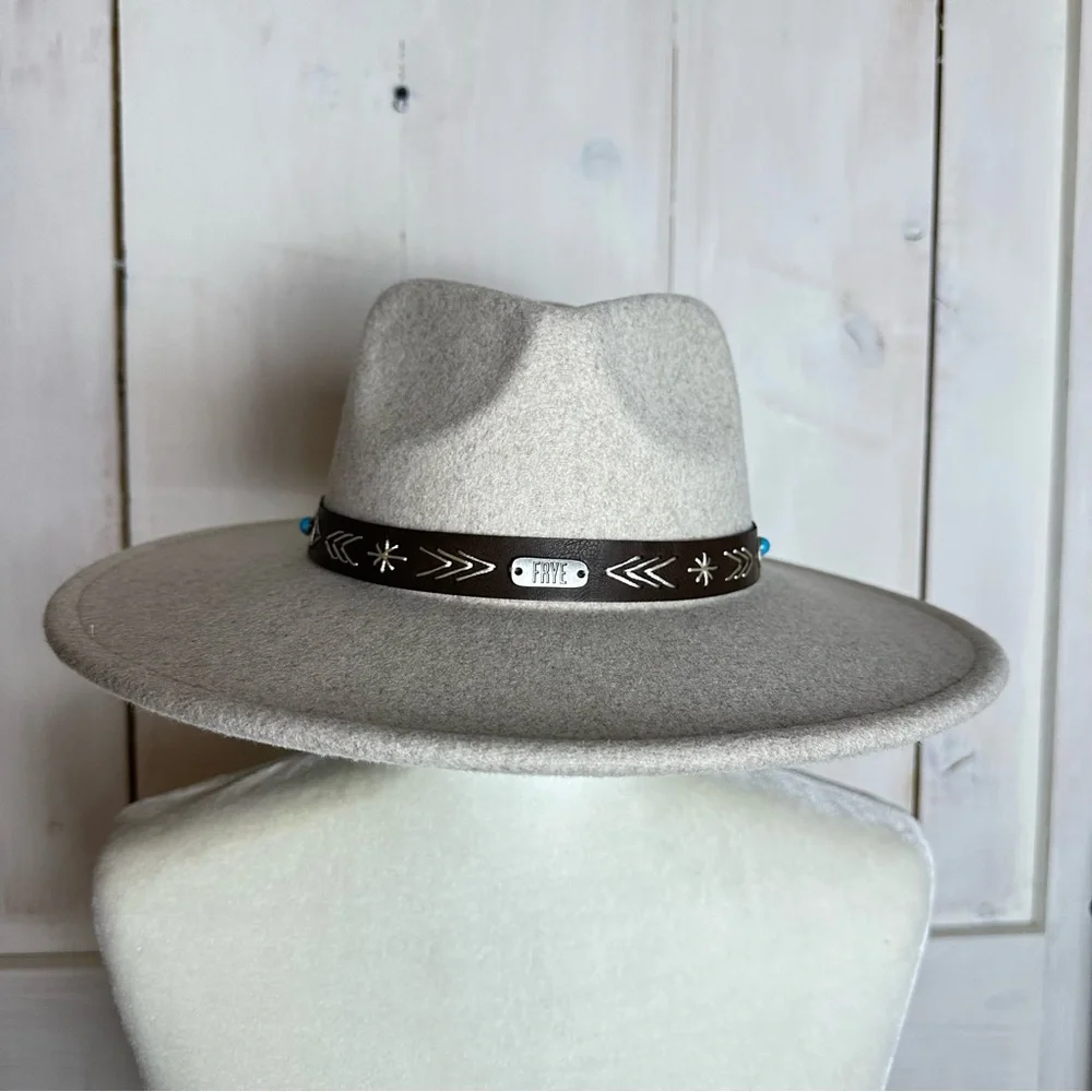 Frye Felt & Faux Leather‎ Embellished Wide Brim Rancher Cowgirl Hat Southwestern - Picture 4 of 12